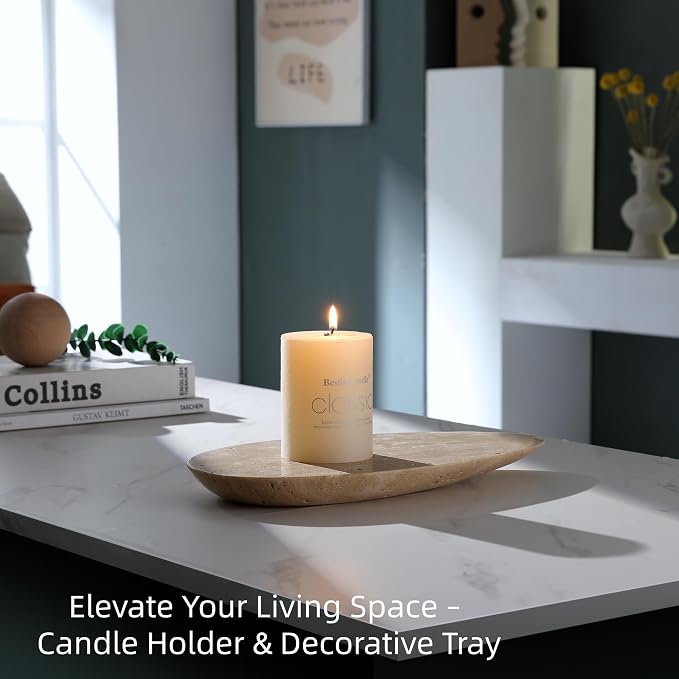 Natural Travertine Tray, Modern Decorative Stone Tray for Coffee Table, Jewelry Display Organizer for Rings Necklace, Candle Holder Catchall for Living Room Bathroom Vanity Decor (L)