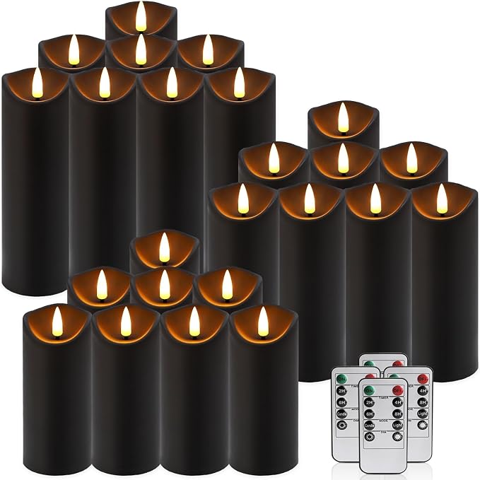 24 Pack Black Halloween Decoration Flickering Flameless Candles(D2.2 xH 5" 6" 7"), Battery Operated LED Pillar Candles with Remote Control and Timer,for Home Decor.