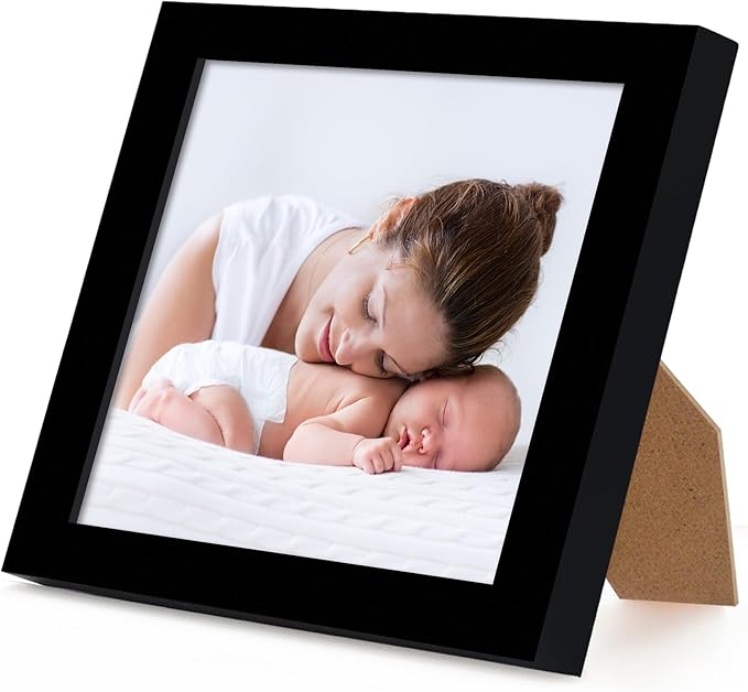 Americanflat 4x4 Picture Frame with Shatter-Resistant Glass - Streamline Collection - Thin Border Square Frame for Tabletop and Wall Display - Hanging Hardware and Easel Stand Included - Black