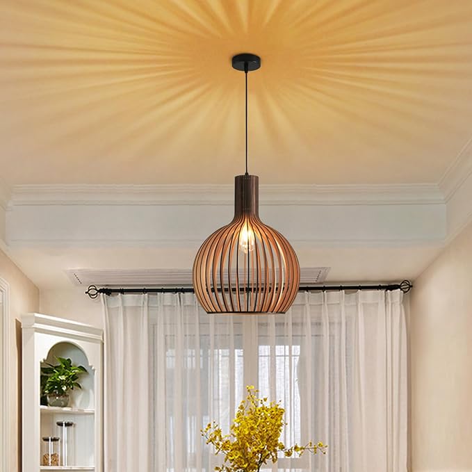 Wood Pendant Light, E26 Base Hanging Lamp Indoor, Natural Wooden Hand Made Chandelier, Boho Height Adjustable Dining Table Hanging Lamp for Hotel Bar Café Kitchen Island Hallway Entryway