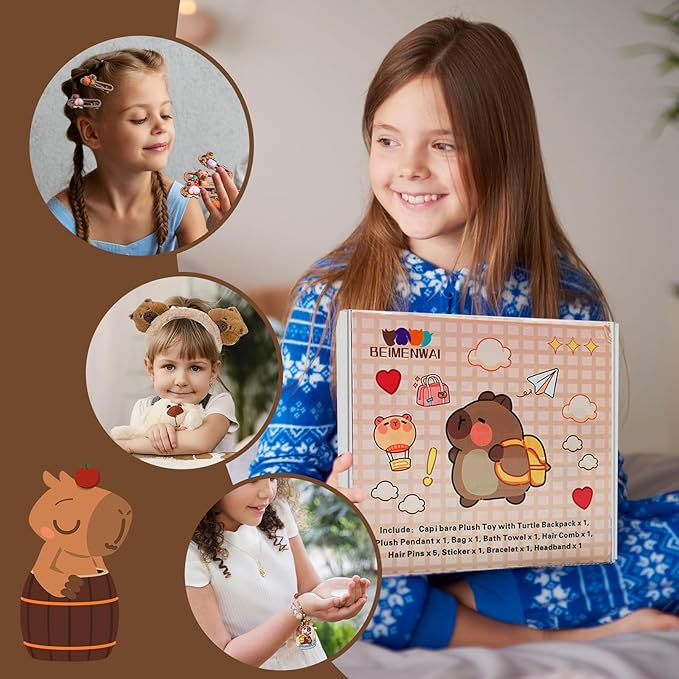 Capybara Gifts Box,Cute Capybara Plush Toys with Stuffed Animal/Keychain/Bag/Bath Towel/Hair Pins/Bracelet/Headband, Christmas Birthday Gift Set for Girls 4 5 6 7 8 9 10+ Years Old