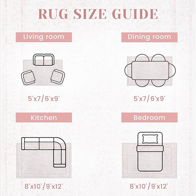 5x7 Area Rugs for Living Room: Washable Vintage Floral Rug Low Pile Non-Slip Boho Carpet for Nursery Bedroom Dining Room (Pink, 5'x7')