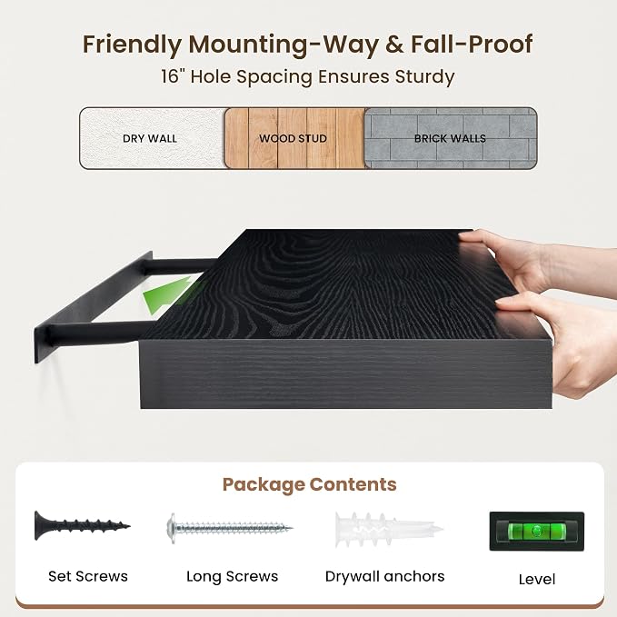 FLYJOE Deep Floating Shelves | 40 Inch Black Floating Shelves Set of 2 | 12 Inch Deep Wood Wall Shelves | 40" W x 12" D Black Shelves for Bathroom Living Room Kitchen Laundry Room