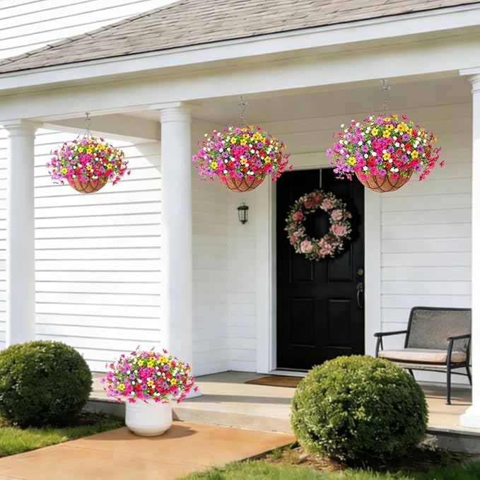 INXUGAO Artificial Silk Flowers Hanging Baskets Outdoors Indoors, Daisy with Eucalyptus Leaves Arrangement for Garden Yard Spring Summer Decor Faux Green Plant Metal Coconut Lining