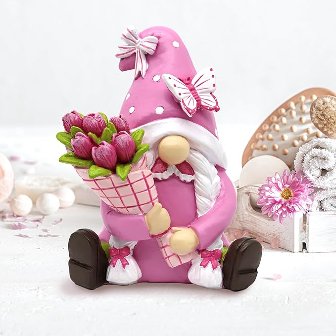 Spring Gnomes Decorations for Home Office- Pink Resin Garden Gnomes with Butterfly Tulip Tiered Tray Decor- Spring Mother's Day & Retirement Gifts