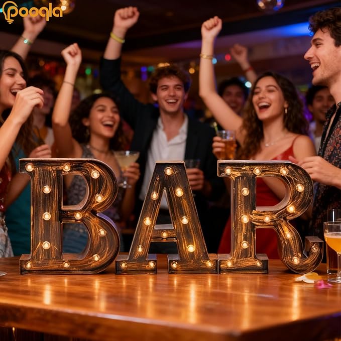 Pooqla BAR - Illuminated Marquee Bar Sign for home decor - Light up LED Marquee Word Sign - Pre-Lit Pub Light Battery Operated (23.03-in x 8.66-in) (Vintage)