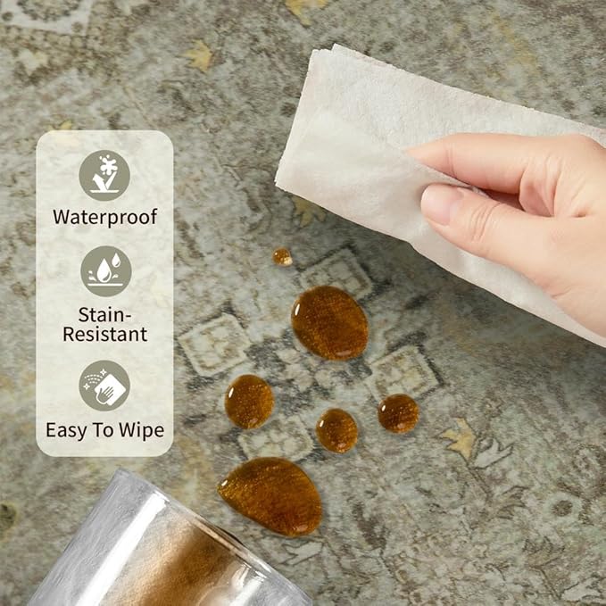 Rugxara 10x14 Area Rugs for Living Room Bedroom, Large Washable Rug, Vintage Floral Boho Rug, Non Slip & Low Pile Faux Wool Thin Carpet for Indoor Dining Room and Kids Room(Olive Brown 10x14ft)