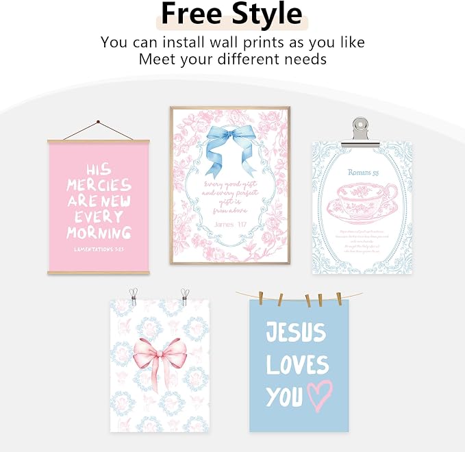 Christian Wall Art Decor Bible Verses Poster Girl Preppy Canvas Room Decor Pink Blue Scripture Wall Art Coquette Floral Bow Aesthetic Prints Trendy Artwork for Girl Bedroom 12x16x6 Inch Unframed