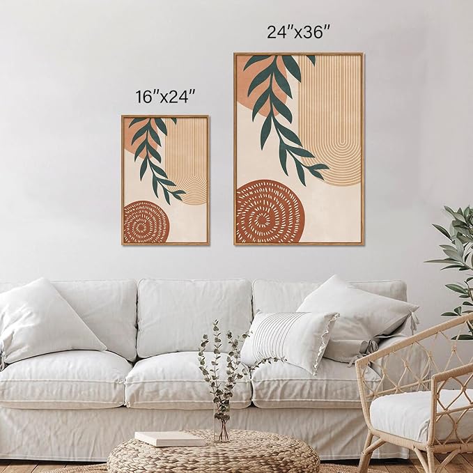 Rantodecor Large Boho Framed Canvas Wall Art Set of 3, Mid Century Modern Wall Decor, Bohemian Beige Geometric Line Art Paintings, Neutral Sage Green Leaf for Bedroom Living Room Office Home 24"x36"