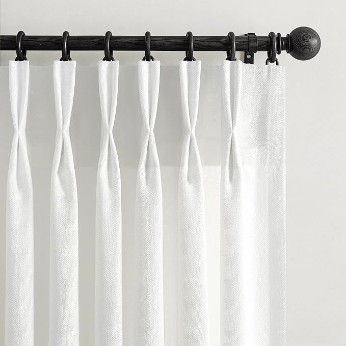 Pure White Pinch Pleated Curtains 90 Inches Long for Dining Room, Memory Trained Light Filtering Semi Sheer Drapes Thick Natural Linen Farmhouse Privacy Windows Curtain 50 Inch Wide 2 Panels Set