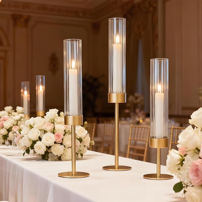 Garvee Gold Hurricane Candle Holders Set of 6, Taper Candlestick Holders with Ribbed Glass Cylinder Sleeves, Elegant Table Centerpiece for Wedding, Birthday, Christmas, Home Decor