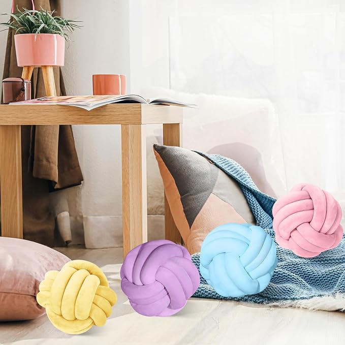 Yerliker 4 Pcs Knot Pillow Ball, 8.7 Inches Soft Home Decorative Round Throw Pillow Handmade Knotted Plush Accent Cushion Gifts for Nursery Decor Home Bed Sofa Bedroom Decoration