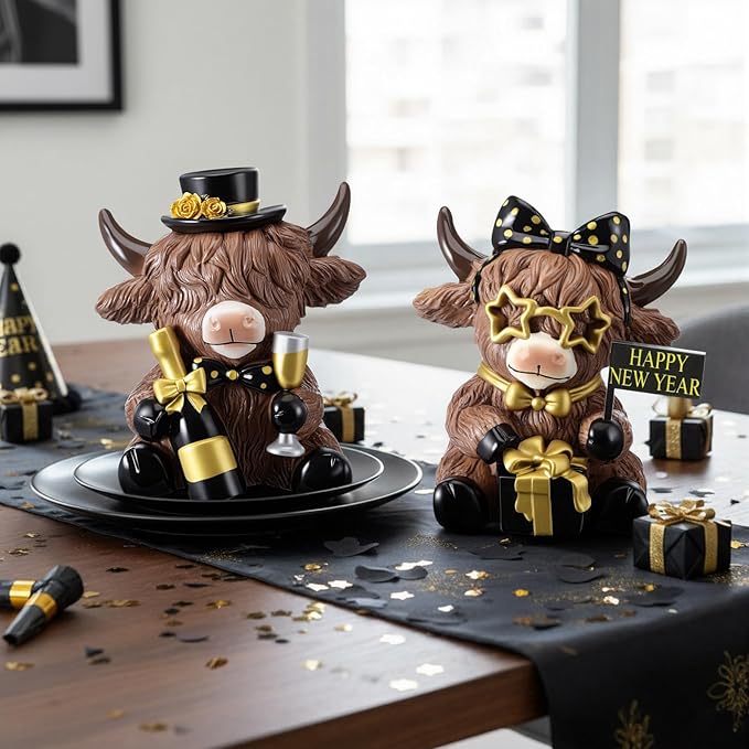 Karenhi 2 Pcs 2026 New Year Highland Cow Figurines, Happy New Year Cow Gnomes with Champagne and Gift Box, Resin Statue Calf Lovers Gifts Cute Yak Home Collectibles for Holiday Decor