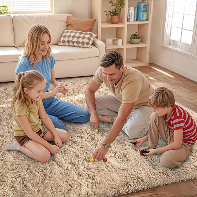FinRèc Tan Rugs for Bedroom Living Room, 4x6 Feet Fluffy Plush Area Rug, Non-Slip High Pile Shaggy Rug for Kids Room Dorm Room Home Decor, Indoor Solid Shag Floor Carpet