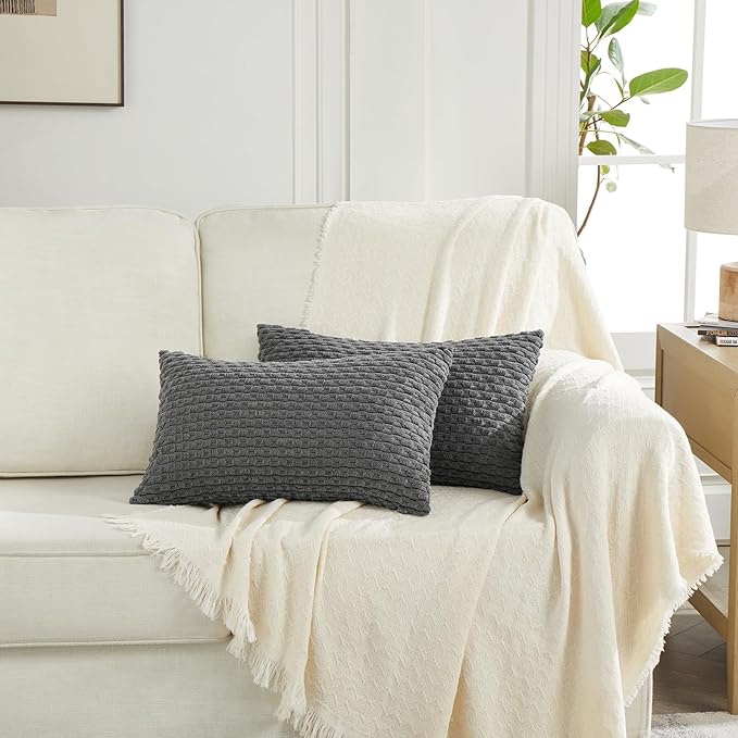 Fancy Homi 2 Packs Dark Gray Long Lumbar Decorative Throw Pillow Covers 14x24 Inch for Couch Bed Sofa, Modern Farmhouse Boho Home Decor, Soft Cute Plush Corduroy Rectangle Cushion Case 35x60 CM