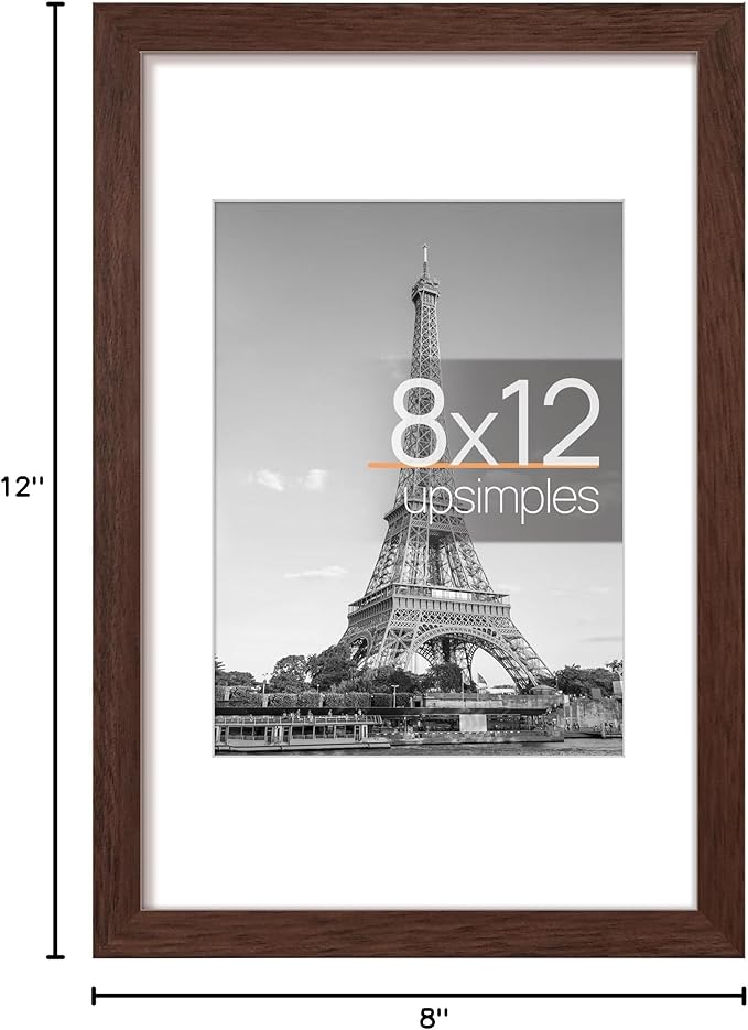 upsimples 8x12 Picture Frame, Display Pictures 6x8 with Mat or 8 x 12 Without, Wall Hanging Photo Frames, Brown, 1 Pack