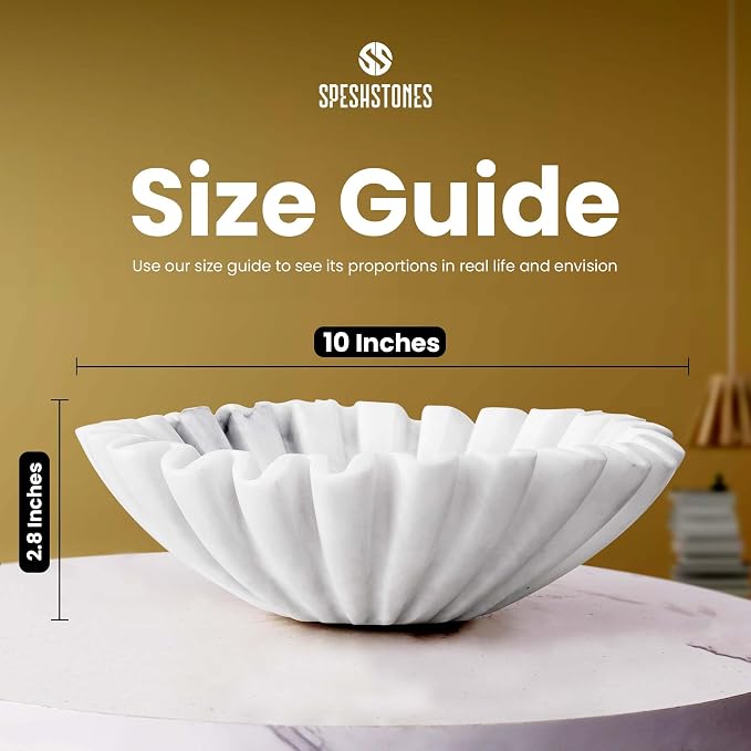Marble Large Decorative Bowl Handmade 10 Inch White Ruffle Bowl, Scalloped Bowls for Home Decor, Modern Fruit Bowl for Kitchen Counter, Stone Fluted Bowl for Housewarming Gifts