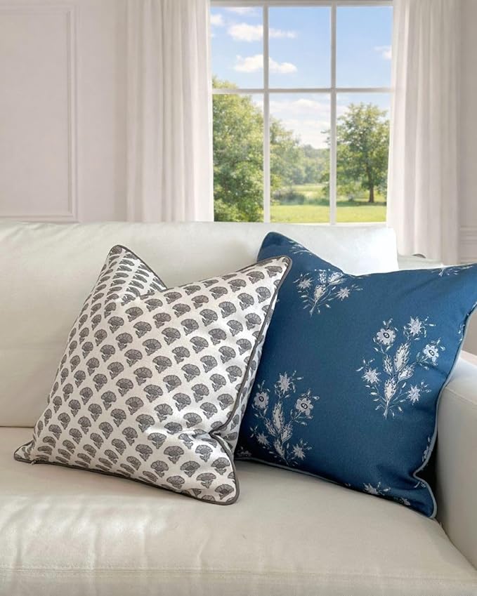 Jillien Harbor “The Norfolk” Dark Blue & White Floral Block Print Pillow Cover – Dark Blue Decorative Throw Pillow Cover – Grandmillennial Home Decor, 20" x 20"