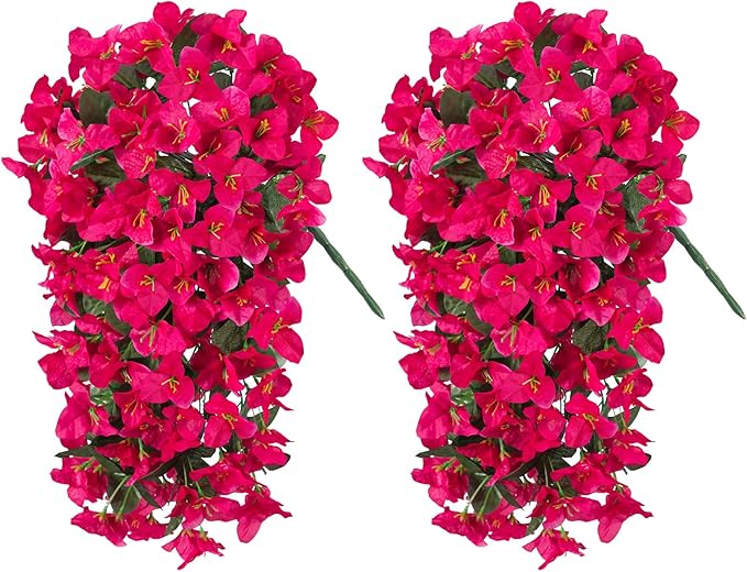 INXUGAO 2 pcs Artificial Faux Bougainvillea Flowers Plants for Outdoor Outside Summer Decoration, Fake Silk UV Resistant Long Trailing Vines for Front Door Porch Planter Balcony (Purple Rose Red)