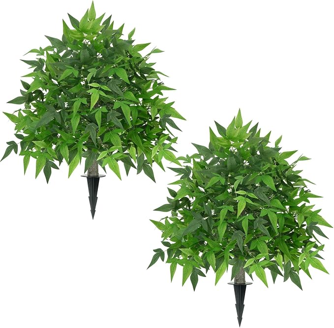24" Artificial Bamboo Tree with Ground Spike Topiary Balls Artificial Outdoor Set of 2 Faux Boxwood Topiary Ball Trees for Front Porch UV Resistant Fake Bushes for Outdoors Garden Yard Patio Decor