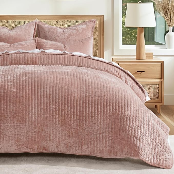 EverGrace Velvet Quilt Set Queen Size, Luxurious Soft Striped Channel Bedding Set, Lightweight Velvet Comforter for All Season, Oversized Bedspread Coverlet with 2 Matching Shams, Pink Clay