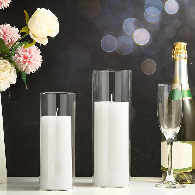 Shihanee Set of 6 Pillar Candles with Glass Cylinder Vases Clear Cylinder Hurricane Candleholders for Slim Tall Pillar Candles Wedding Table Centerpieces(3.4'' X 7", 9.8", 11.8",White)