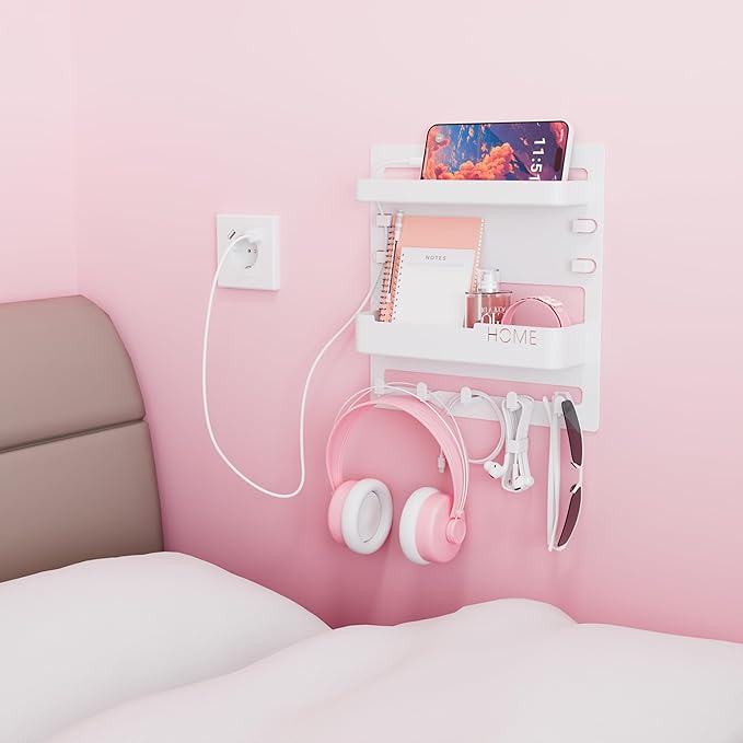 Yieach Bedside Wall Organizer for Dorm Bed,Rv,Small Room and Nightstand,Wall Mounted Floating Shelves and Bedside Shelf for Remote,Phone Holder,Charging Shelf,Cute Bedroom Decor for College Girl,White