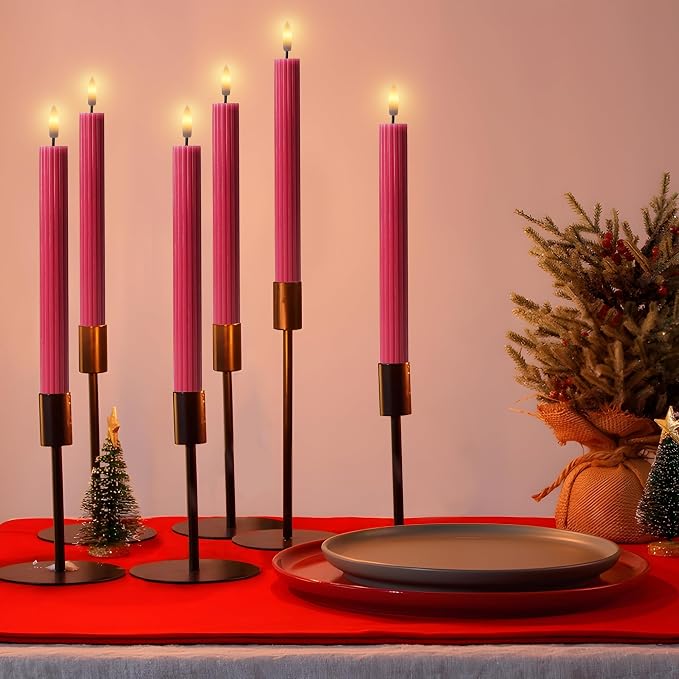 6 Pack, 10" LED Flameless Real Wax Pink Ribbed Taper Candles w/Remote Controller, On/Off Button, Dimmable, Flicker/Static Mode, Battery Operated, Holiday Christmas Menorah Wedding Decor