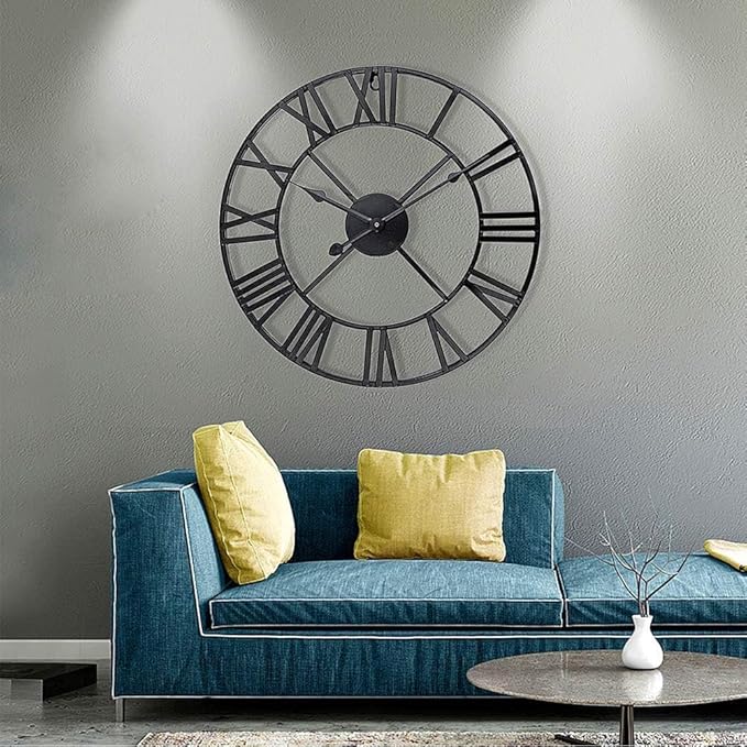 Antique Tower 24 inch Large Roman Numeral Wall Clock, Indoor Outdoor Patio Waterproof Oversized Decorative Contemporary Clock, Antique Black Metal Wall Clock Battery Operated Retro Art Hanging Clock,2