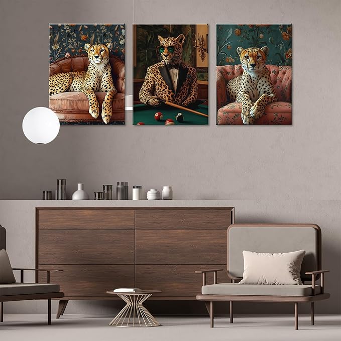 Cheetah Wall Art Set of 3–Cool Animal Canvas Poster Prints with Stylish Leopard in Suit and Lounge DécorSafari Animal Artwork Painting for Living Room,Office,Game Room,Bar, Bachelor Pad,Framed16x24in