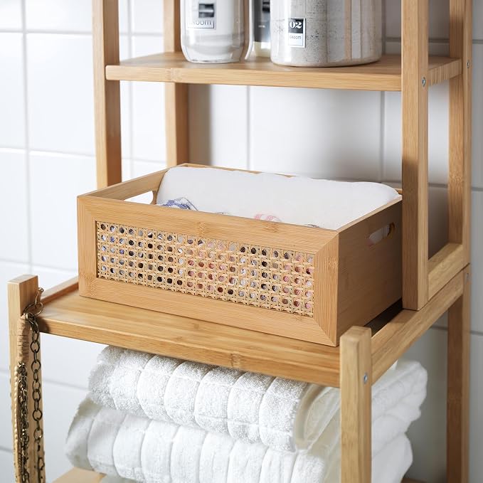 Wooden Storage Basket Set of 4 Handmade Rattan Drawer Storage Box with Frame & Handles Decorative Natural Bamboo Woven Bins Rustic Farmhouse Decor Home Office Tabletop Shelf Organizer, Natural