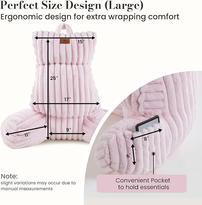 Amélie Home Faux Fur Reading Pillow with Pocket for Sitting in Bed, Adult Backrest Bed Pillow with Washable Cover for Lounging, Watching TV/Gaming/Resting/Post/Surgery/Nursing, Light Pink 25 inches