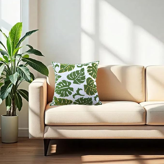 Embroidery Throw Pillow Cover 18x18 Tropical Leaves Home Decor Monstera Leaf Embroidered Green Floor Pillow Cover for Couch Sofa Chair 100% Cotton Cushion Cover Pillow Case 45x45cm, 1 Piece