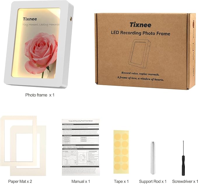 Wooden Photo Frame with Voice Recording and Soft LED Light – Personalized 180S Recordable Picture Frame Fits 3.5x5, 4x6 & 5x7 Photos, Tabletop Display, Meaningful Keepsake Gift (White)