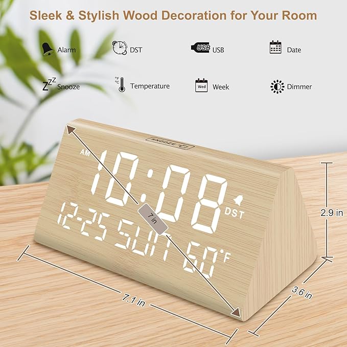 DreamSky Digital Alarm Clocks for Bedrooms - Wooden Desk Clock with Date, Day of Week, USB Port, Temperature, Dimmer for Bedside Table, Living Room, Office, Adjustable Volume, Auto DST, Wood Decor