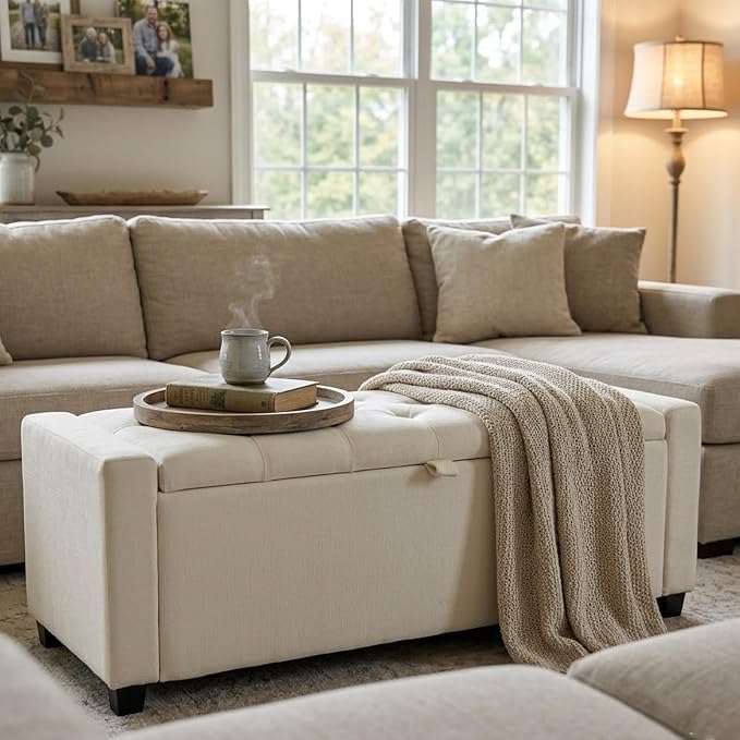 47" Beige Storage Ottoman, Multi-Functional Shoe Bench Seat for Living | Versatile design works as a coffee table or footstool; easy assembly, sturdy structure, and comfortable padded cushion.