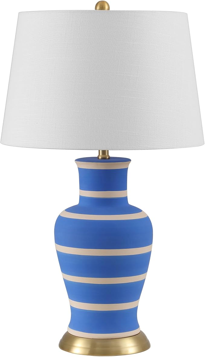 JONATHAN Y 29" Blue/Beige Traditional Ceramic Urn LED Table Lamp for Bedroom Decor, White Linen Drum Shade, Classic Nightstand Lamp for Living Room, LED Bulb Included (JYL4026L)