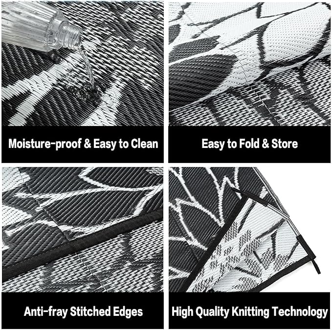 HUGEAR 8'x10' Outdoor Rug Waterproof Plastic Straw Rugs Large Black Reversible Floral Mat Floor Carpet for Camping RV Deck Entryance Porch Picnic Balcony Beach Backyard