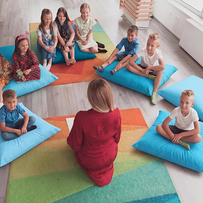 CroBlissful 4 Pieces Extra Large Floor Pillow Set, 27 x 27 x 8 Inch Kids Jumbo Floor Pillows Flexible Seating for Classroom Reading Corner Playrooms Home School, Waterproof (Blue Series)