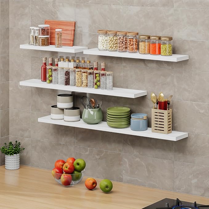 SAUMONIERES Floating Shelves 8 Inch Deep Solid Wood Wide Wall Shelf Set of 2 Wall Mounted for Bedroom Bathroom Living Room Kitchen, 24 Inch White
