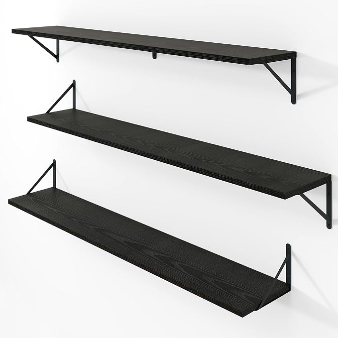 Vivelove Black Deep Floating Shelves for Wall, 48W x 8D Wood Wall Shelves Set of 3, Wide Floating Bookshelf for Living Room, Kitchen, Office, Bedroom and Decor Storage, with Metal Bracket - Black