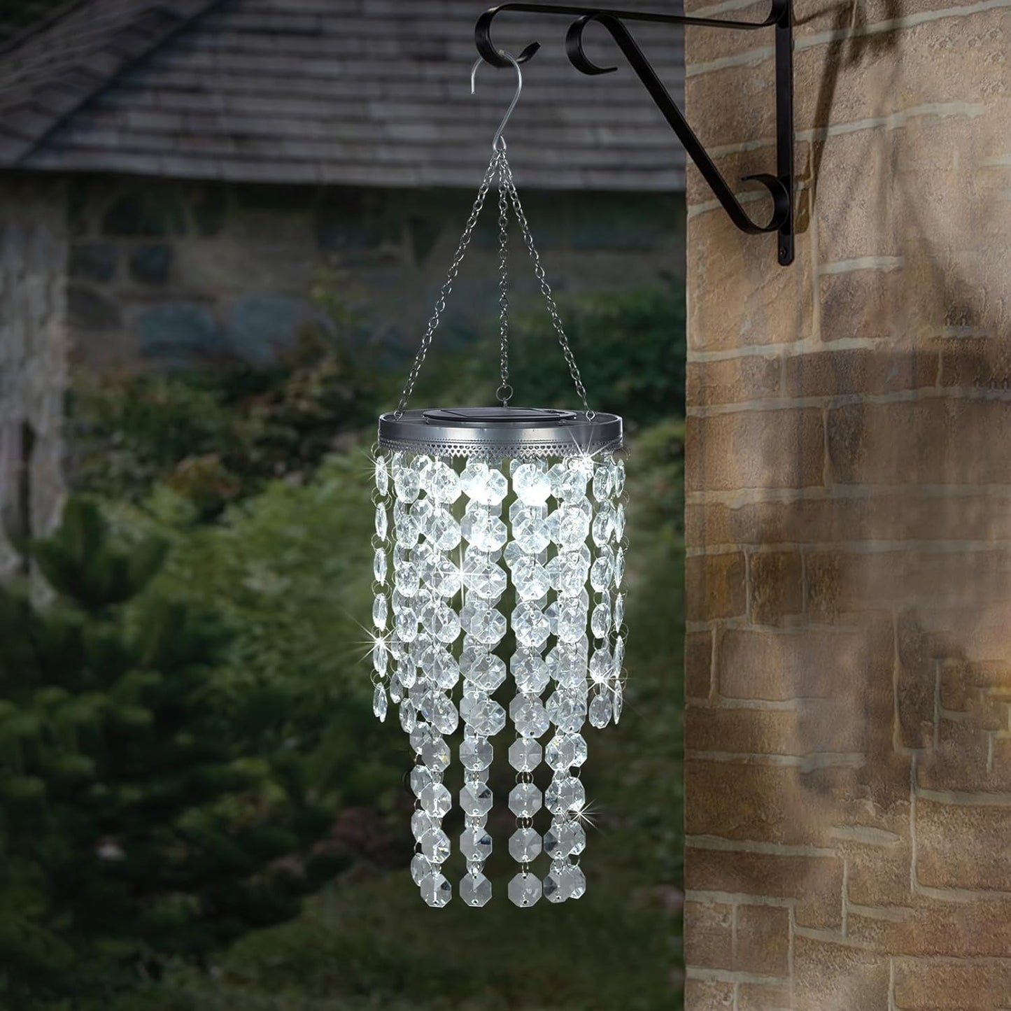 Hanging Solar Lantern Outdoor, 2 Tiers 21” Solar Transparent Acrylic Beaded Chandelier with Cool White LED S Hooks for Garden Yard Patio Gazebo Outside Decor