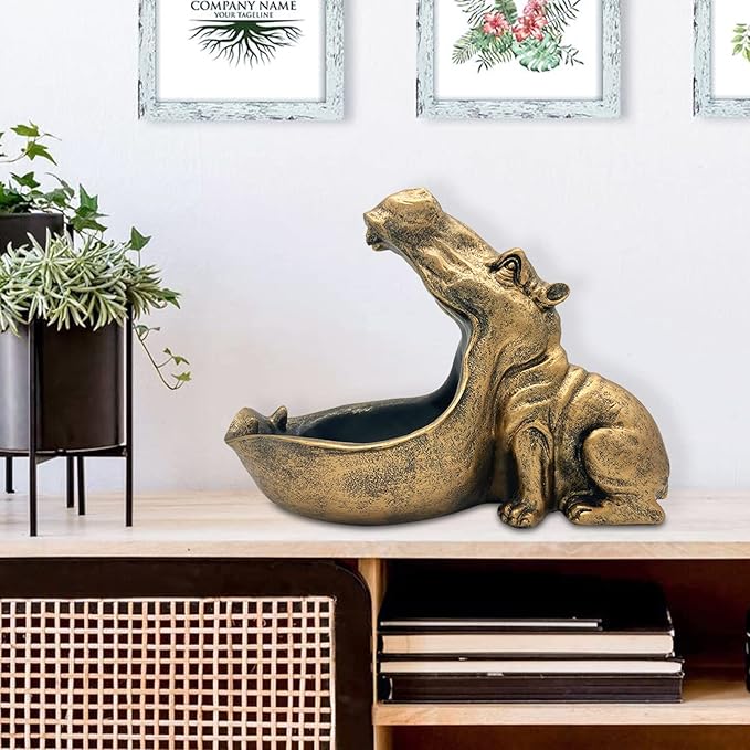 aboxoo Hippo Statue Home Resin Hippopotamus Figurine Sculpture Table Art Decoration Sundries Key Container Storage Box (Gold)