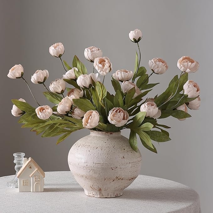 VIERENA 12 Pcs Faux Silk Peony Artificial Flowers for Vase -27", Bulk Fake Peonies Branches with Stems for DIY Bouquet Centerpieces Wedding Fillers Arrangements Shower Decorations (Beige)