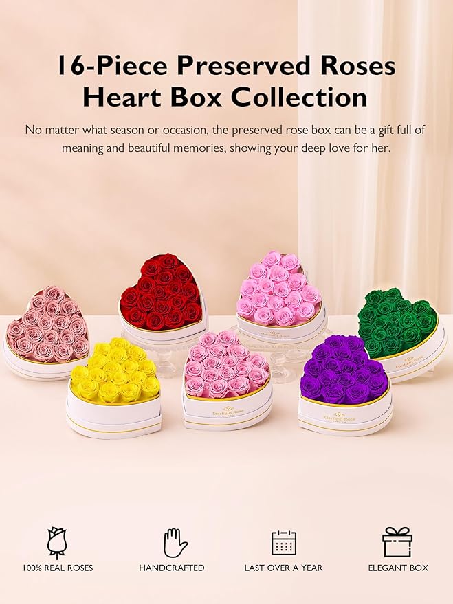 Eterfield 16 Forever Flowers in Heart Shape Box, Preserved Roses That Last a Year Preserved Flowers Birthday Gifts for Her Mom Women Wife Anniversary Valentine's Day Mother's Day, Purple