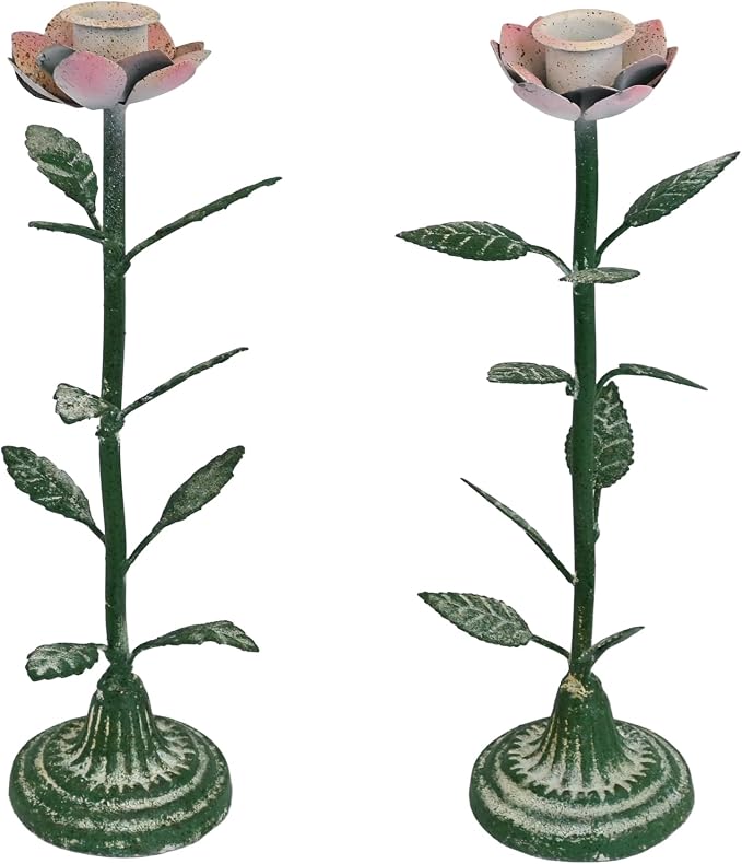 2-Piece Vintage Rose Taper Candle Holders, Distressed Green Metal Candlestick Stands with Pink Floral Design, 12.2" Tall Rustic Farmhouse Tabletop Decor for Wedding, Dining & Home