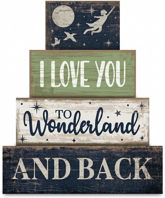 Lineshading 4 Pcs Fairy Tale Nursery Wooden Stacked Signs Decor - "i Love You to Wonderland and Back" Wooden Signs, Rustic Tabletop Decor for Newborn Baby Bedroom Playroom Baby Shower Gifts