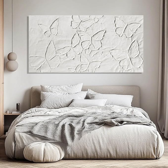 SHEYOYE Large White Aesthetic Canvas Wall Art | Butterfly Wall Art for Wall Decor, Office Art, Living Room or Bedroom Wall Decor, Hallway Decor 29" x 58"