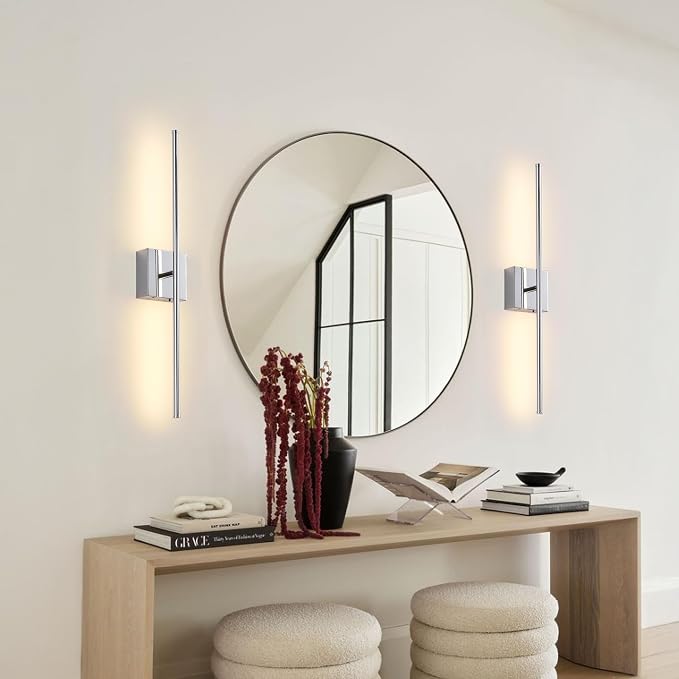 KARTOOSH Removable Battery Operated Wall Sconces with Remote Control, Stepless Colors 3000K-6000K & Dimming, 350°Rotate, LED Chrome Wireless Wall Light for Living Room, Bedroom, 28.3 Inch (2 Pack)