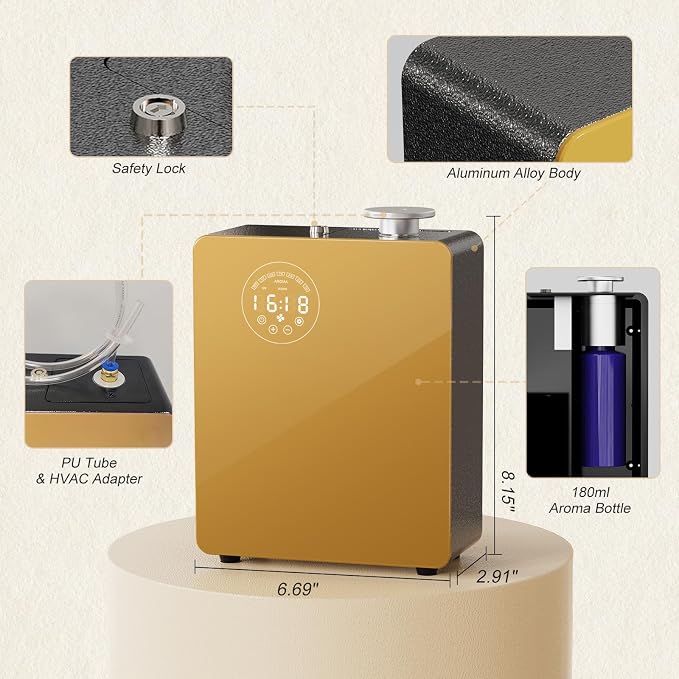 Smart Waterless HVAC Scent Diffuser for 3000 sq. ft.,Golden | Touch & Bluetooth control, metal body, dual HVAC/portable design for home & commercial large spaces